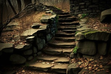 Stone stairs on Appalachian Trail, Stokes State Forest, NJ. Generative AI