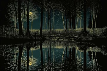 Nocturnal nature scene, wooded area mirrored on liquid surface. Generative AI