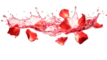 rose flower petals , water drop and leaf falling in white background.