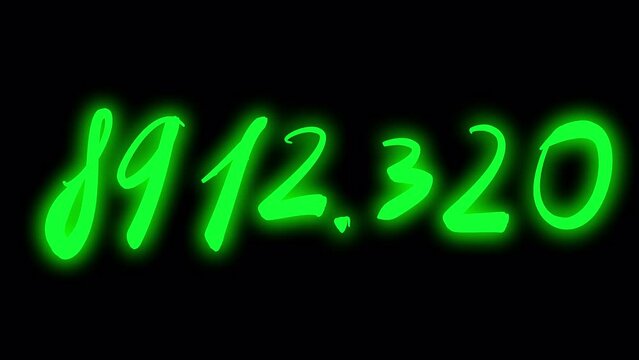 Green neon counter with big numbers changing on a black screen. Stock video with matrix calculation. The concept of adding likes, money, math, thinking.