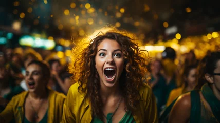 Fotobehang Euphoria on the Pitch: Brazilian Woman's Joyful Cheers at World Cup Football Event © HelgaQ