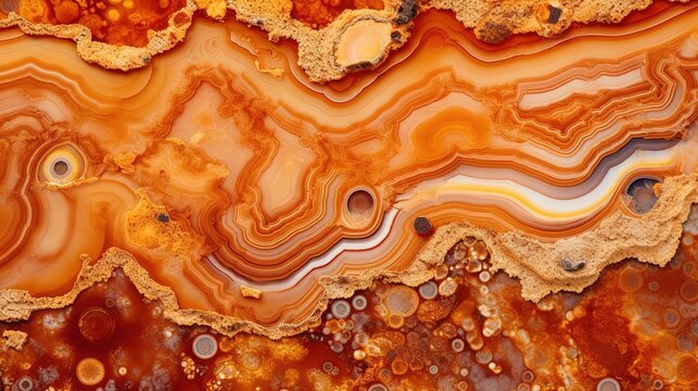 Generative AI, natural volcanic agate stones close-up light orange, apricot crush and golden texture. Wallpaper background, quartz marble, decorative rock pattern..
