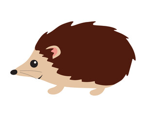 A cute small brown isolated hedgehog with black eyes, pink ears in flat on white background for icons, webs, apps, posters, fabrics