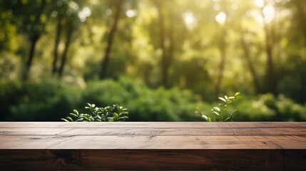 Empty wood table top and blurred view from green tree garden bokeh background. Product and food display Generative ai