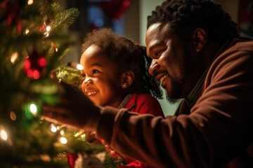 Fototapeta na wymiar Cultural Celebration. Celebrating the Festive Season with the Black Family Decorating the Christmas Tree with Ornaments and Lights. AI Generative