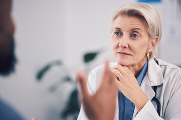 Face of woman, doctor and listening in consultation for healthcare advice, clinic support or help....