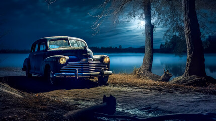 retro old vehicle on the shore of the lake at night, made with Generative AI