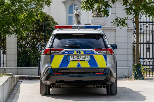 Bratislava, Slovakia, Europe - July 22, 2023 - New Electric Police Car In The City Centre Of Bratislava