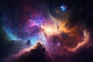Cosmic backdrop with vivid nebula, glowing stars, and celestial dust. A colorful universe featuring the Milky Way. Generative AI