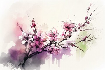 Illustration of cherry blossom in watercolor style with blurred edges as background material. Generative AI