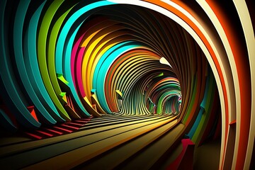 Vibrant curved tunnel with colorful lines in 3D. Generative AI