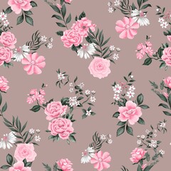 Watercolor flowers pattern, pink tropical elements, green leaves, pastel background, seamless