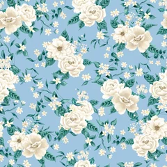 Behang Watercolor flowers pattern, white tropical elements, green leaves, blue background, seamless © Leticia Back