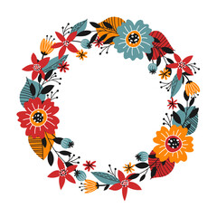 Autumn flowers wreath. Round decorative frame. Fall hand drawn floral elements arrangement