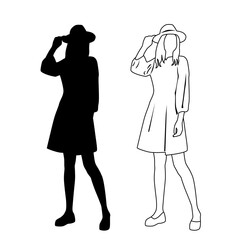 Vector silhouette of a woman in a hat, standing, profile, linear sketch, business people, black color, isolated on a white background