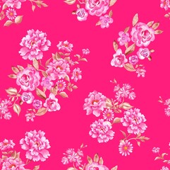 Watercolor Barbie flowers pattern, pink romantic roses, leaves, pink background, seamless