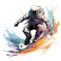 Fototapeta na wymiar Space surfing, surfer on space wave. in watercolor style, on white background. 