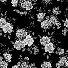 Gordijnen Watercolor flowers pattern, black and white tropical elements, black leaves, black background, seamless © Leticia Back
