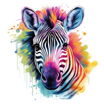 Watercolor style zebra portrait, on a white background. 