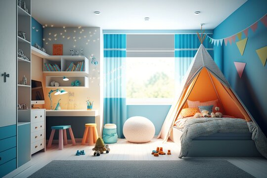 3D rendering of a kids' bedroom interior. Generative AI