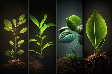 Collage of small green sprout with foliage development. Generative AI