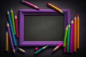 Vibrant pencils on chalkboard with purple backdrop. Perfect for back to school. Generative AI