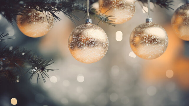 Decorative Christmas Baubles Hanging From Snowy Fir Branch. Bokeh Background.