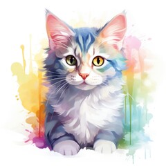 rainbow cat in a watercolor style on a white background. Generative AI