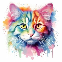rainbow cat in a watercolor style on a white background. Generative AI