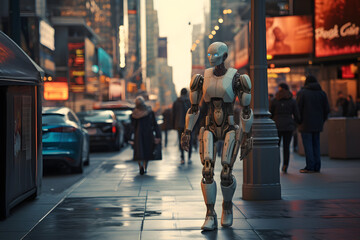 Humanoid robot walking in a crowded city street
