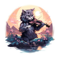 cat playing a musical instrument in a watercolor style on a white background. Generative AI