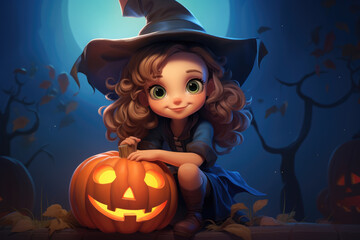 Cute cartoon little girl witch with a hat and carved lighted pumpkins