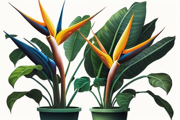 Potted tropical strelitzia plants. Generative AI