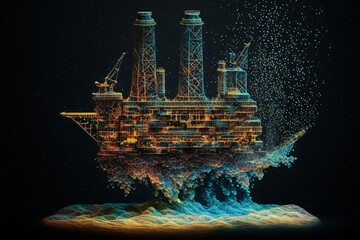 Holographic model of oil rig made of particles. Generative AI