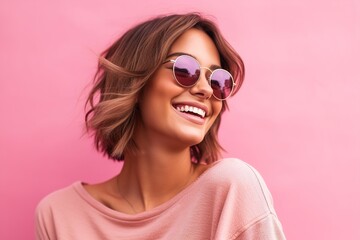 Fototapeta premium smiling pretty girl in sunglasses on a pink background 