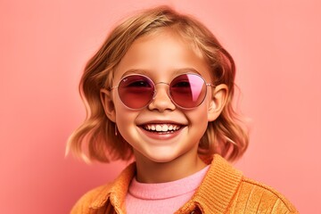 Fototapeta premium smiling pretty girl in sunglasses on a pink background 
