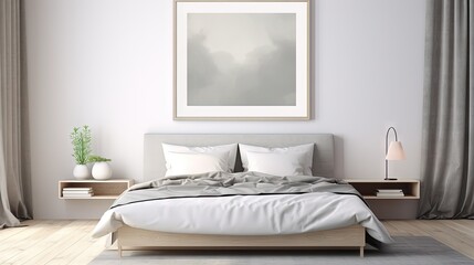  a bedroom with a bed, nightstands and a painting.  generative ai