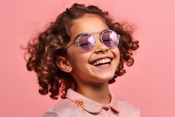 Naklejka premium pretty girl in sunglasses on a pink background smiling widely