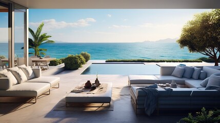Fototapeta na wymiar a living room filled with furniture next to a swimming pool. generative ai