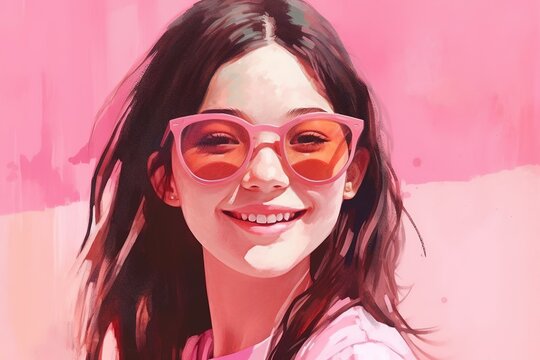 pretty girl in sunglasses on a pink background smiling widely