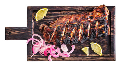 Grilled caramelized pork ribs on wooden tray isolated above