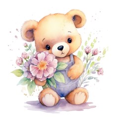teddy bear with a bouquet of flowers in a watercolor style on a white background. Generative AI
