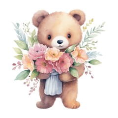 teddy bear with a bouquet of flowers in a watercolor style on a white background. Generative AI