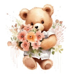 teddy bear with a bouquet of flowers in a watercolor style on a white background. Generative AI