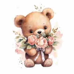 teddy bear with a bouquet of flowers in a watercolor style on a white background. Generative AI