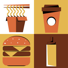 Fast Food Set Retro Coffee Potato Hamburger Pizza Art & Illustration