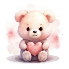 cute teddy bear with a heart in a watercolor style on a white background, Generative AI