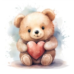 cute teddy bear with a heart in a watercolor style on a white background, Generative AI