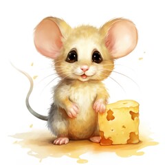cute mouse with a piece of cheese in a watercolor style on a white background, Generative AI