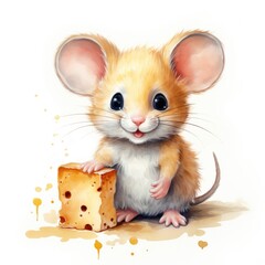 Obraz premium cute mouse with a piece of cheese in a watercolor style on a white background, Generative AI